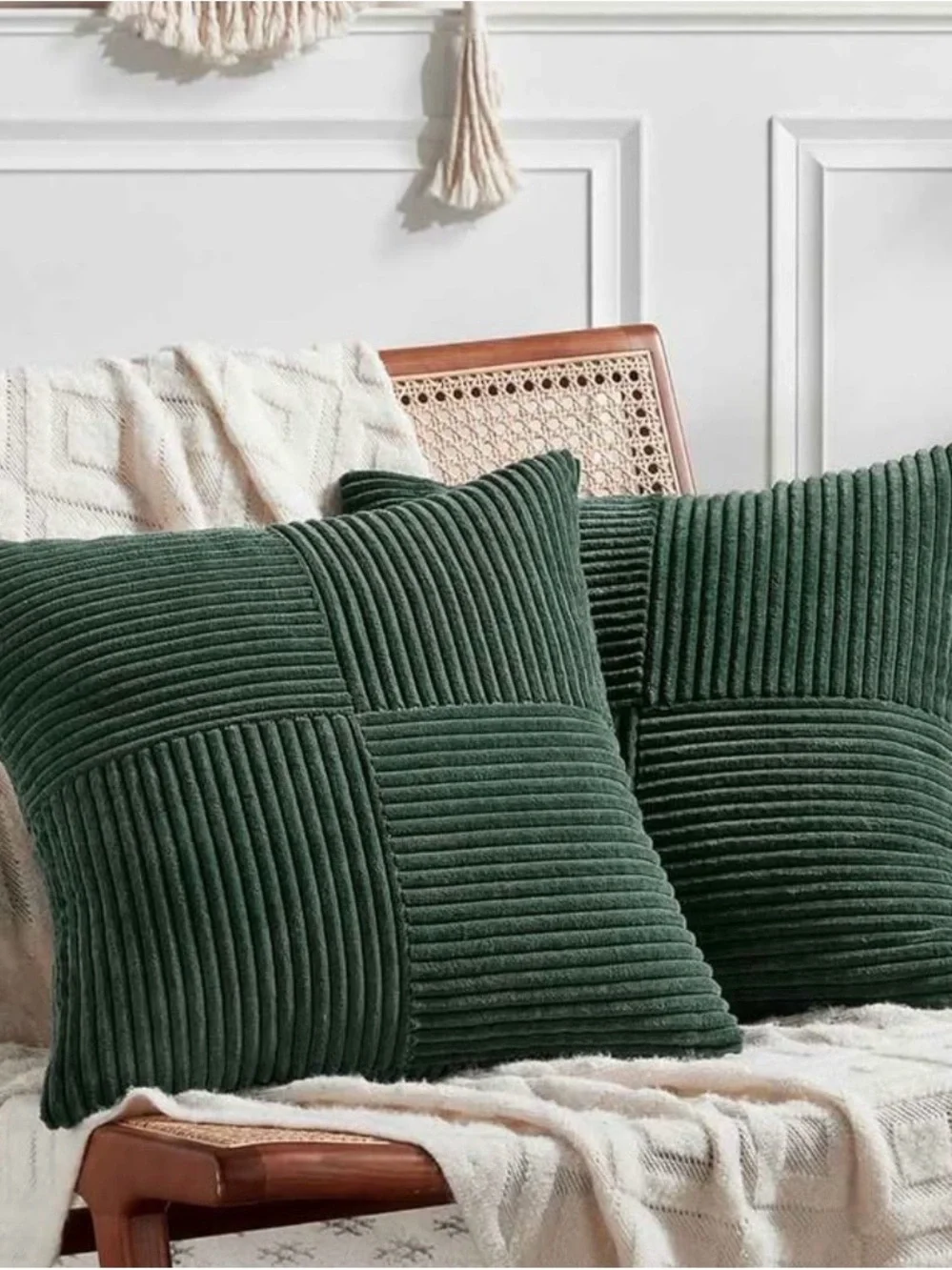 Boho Decorative Green Corduroy Patchwork Throw Pillow Cover Set of 2